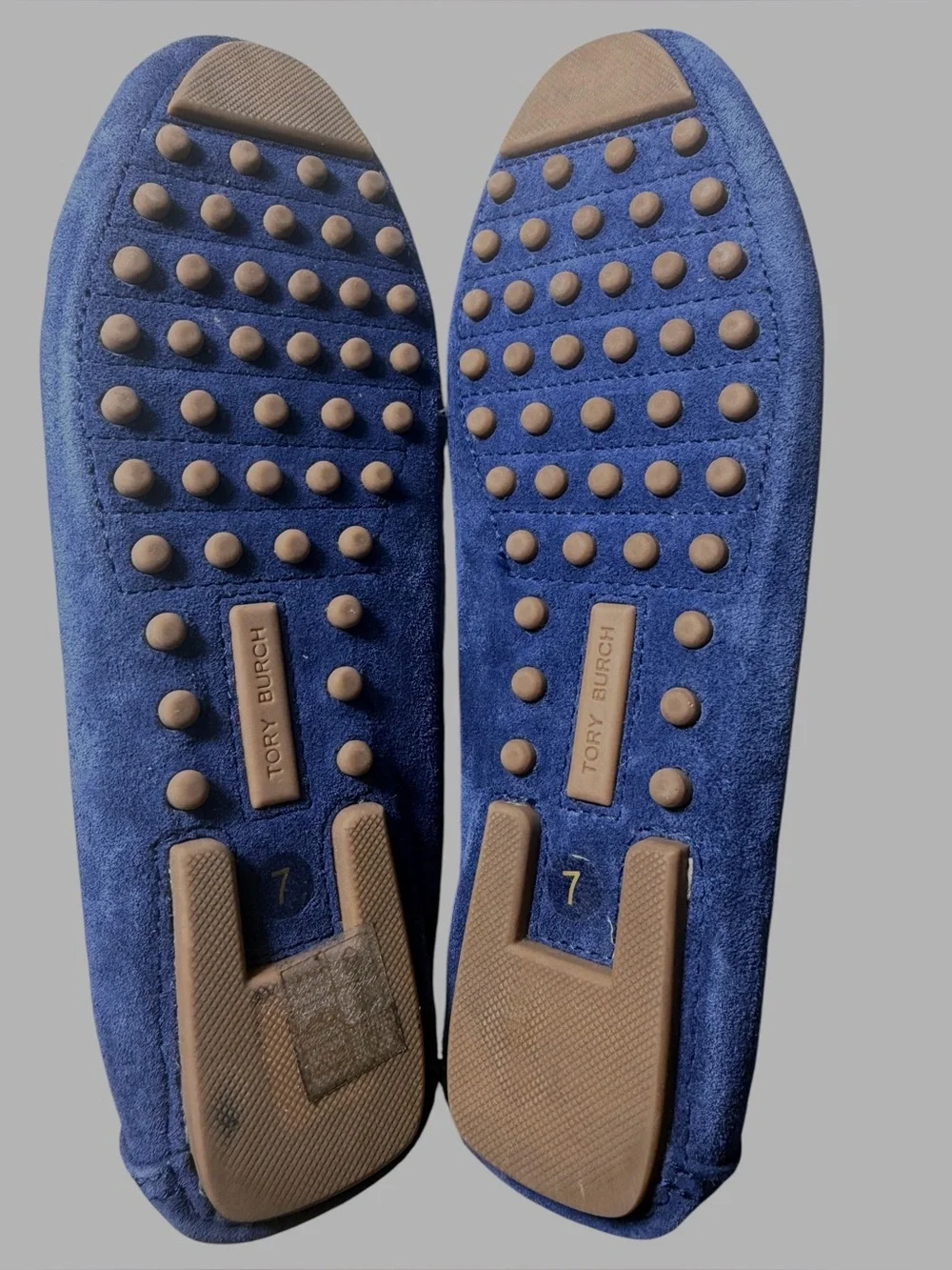 Tory Burch Everly driver loafers royal navy suede, emblem brass logo NEW size 7